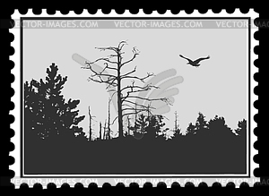 Silhouette of the bird on postage stamp, - vector image