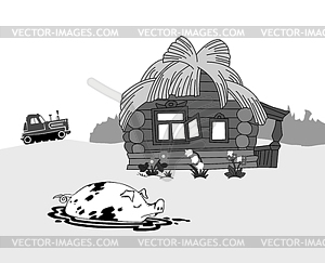 Pig against rural building, - vector clipart