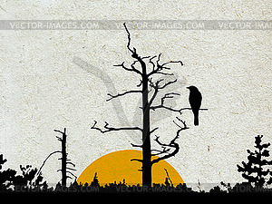 Grunge background with forest and bird on branch - vector EPS clipart