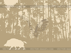 Wild boar silhouette on wood background - vector clipart