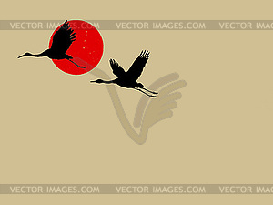 Two cranes on brown background - vector clip art