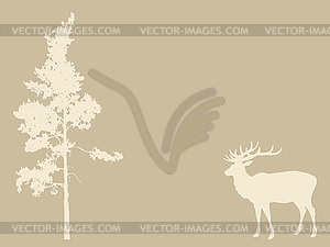 Deer near pines on brown background - royalty-free vector clipart