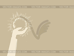 Sun in hand on brown background - vector clipart