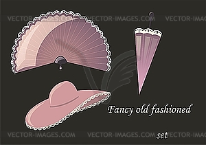 Old hat, umbrella and fan - vector image