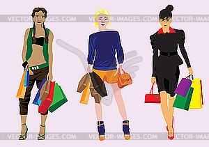 Girls with shopping bags - vector EPS clipart