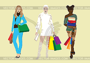 Girls with shopping bags - vector clip art