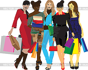 Девушки с покупками - векторный клипарт / векторное изображение