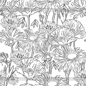 Floral seamless black and white background - vector image