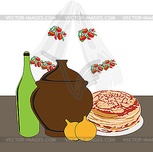 Table with Russian cuisine - vector image