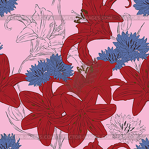Seamless background with bright flowers lilies and cornflowe - vector image