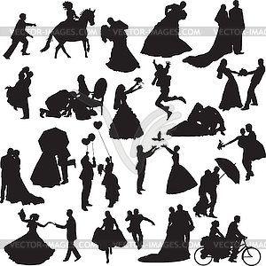 Silhouettes of wedding couples in different situations - white & black vector clipart