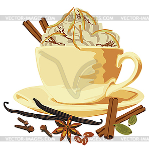 Cup of coffee with cream and spices - vector image