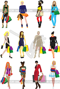 Many girls with shopping - vector image