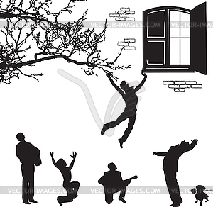 Love - silhouettes of men under the window - vector clipart