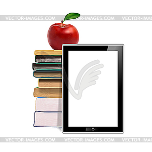 Книги, яблоко и планшет - изображение в векторе / векторный клипарт