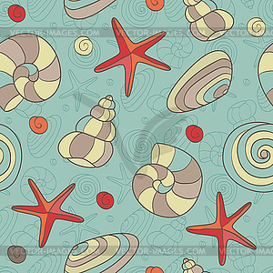 Seamless pattern with shells and starfish - vector clipart