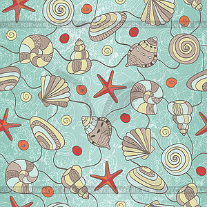 Seamless pattern with shells and starfish - vector image