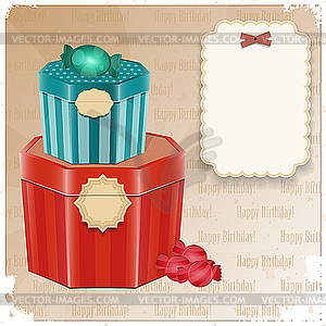 Vintage Birthday Card - gift box and blank note - color vector clipart