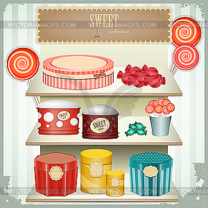 Vintage postcard - shop sweets, confectionery - vector clip art