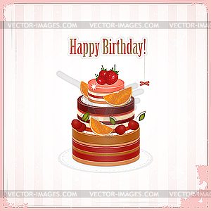 Vintage birthday card with Chocolate Berry Cake - vector image