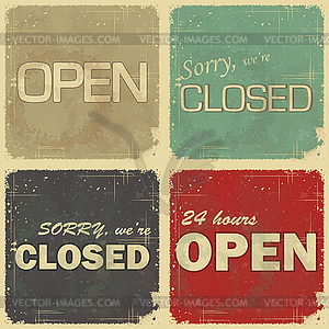 Set of signs: open - closed - 24 hours - vector image