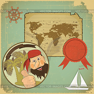 Retro card - pirate and world map - vector clipart