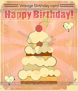 Vintage birthday card with big berry cake - vector clip art