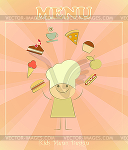 Design of kids menu with chefs and set of food - vector clip art