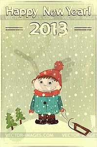 Рождественская открытка - маленький мальчик и сани - клипарт в формате EPS