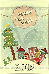 Christmas tree and small houses - vector image