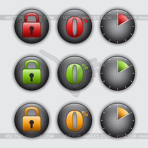 Set of clock, padlock and percent buttons - vector clip art