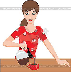 Woman on kitchen pours coffee - vector clipart