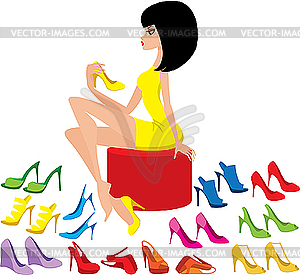 Young woman tries on shoes - vector clipart