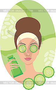 Beautiful young woman with cucumber in the face of - vector clipart