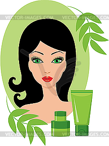 Beautiful young woman with cosmetics set - vector image