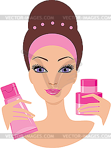 Beautiful young woman with cosmetics set - stock vector clipart