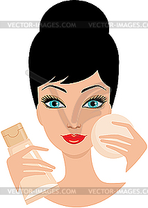 Beautiful young woman with foundation cream and cosmetic s - vector clip art