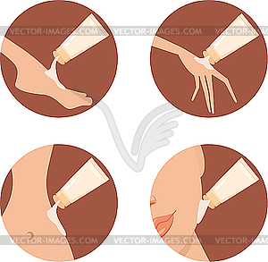 Cosmetic icons. Creams for different parts of body - vector clip art