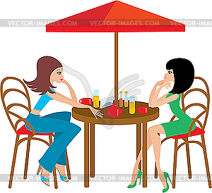 Two young woman in cafe - vector clipart