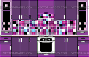 Внутренних дел. Кухня в фиолетовых тонах - векторизованное изображение клипарта