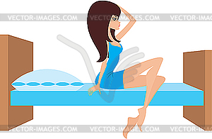 Young woman sits on bed - vector clipart