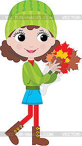 Little girl with autumn leaves - vector image