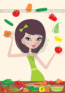 Pretty girl prepares salad and juggles with vegetables - vector clip art