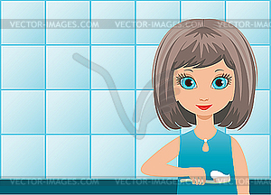 Девушка кисти зубы в ванной комнате - векторное изображение EPS