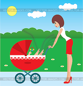 Mother walks with the child in carriage - vector clipart