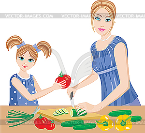 Daughter helps mum to cut vegetables - vector clip art