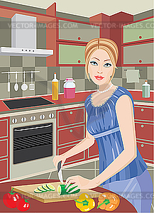 Young woman in kitchen cuts vegetables - vector image