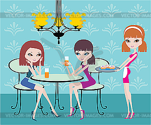 Друзья в кафе и официанткой - изображение в векторе