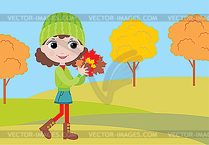 Little girl with autumn leaves - vector clipart