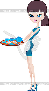 Young attractive waitress with tray - vector EPS clipart